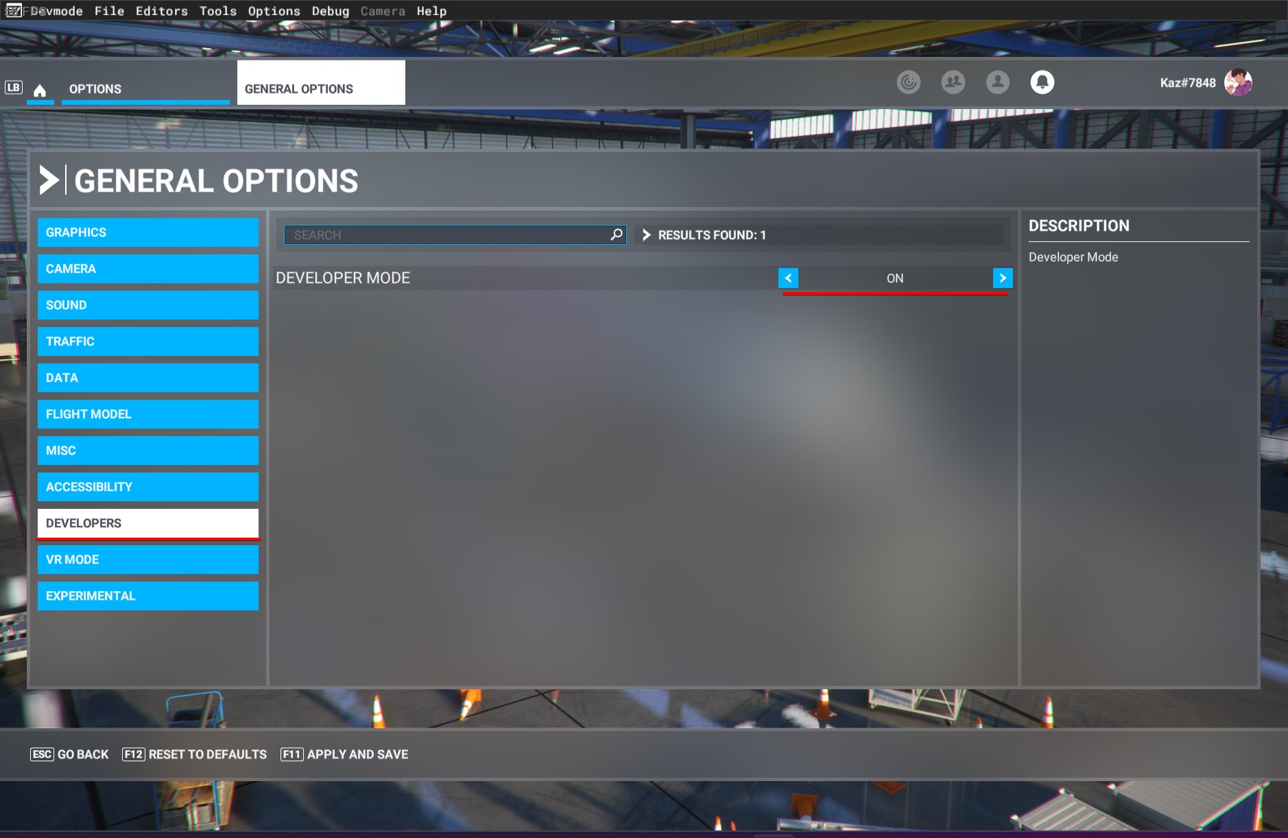 Screenshot showing the developer mode toggle. Dev Mode